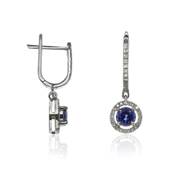 E-42346-SA-W  Diamond & Sapphire Halo Drop Earrings