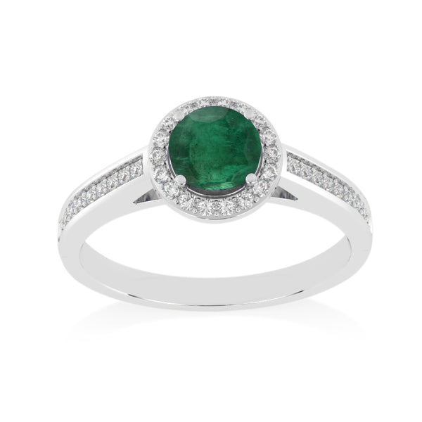 R-42346-EM-W  Diamond & Emerald Halo Ring