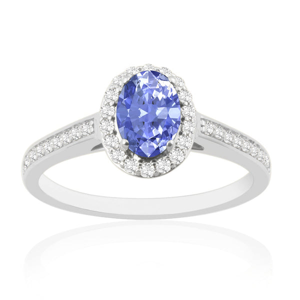 R-42347-TZ-W  Diamond & Tanzanite Halo Ring