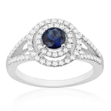 R-65432-SA-W  Diamond & Sapphire Double Halo Cluster Ring