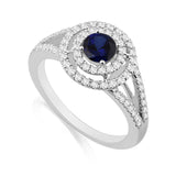 R-65432-SA-W  Diamond & Sapphire Double Halo Cluster Ring