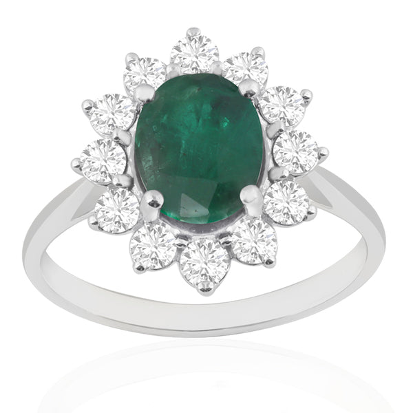 R-97080-EM-W  Diamond & Emerald Cluster Ring